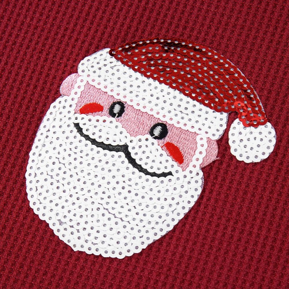 B231 RESTOCKED Red Sequin Santa Claus Graphic Text Long Sleeve Top - Picture 4 of 5